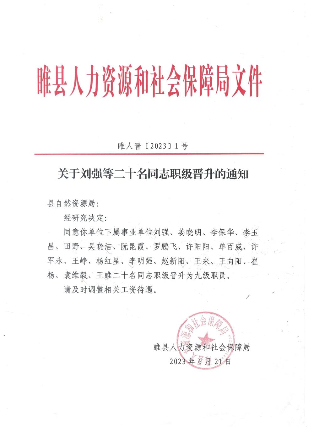 睢县自然资源局关于刘强等二十名同志职级晋升的通知